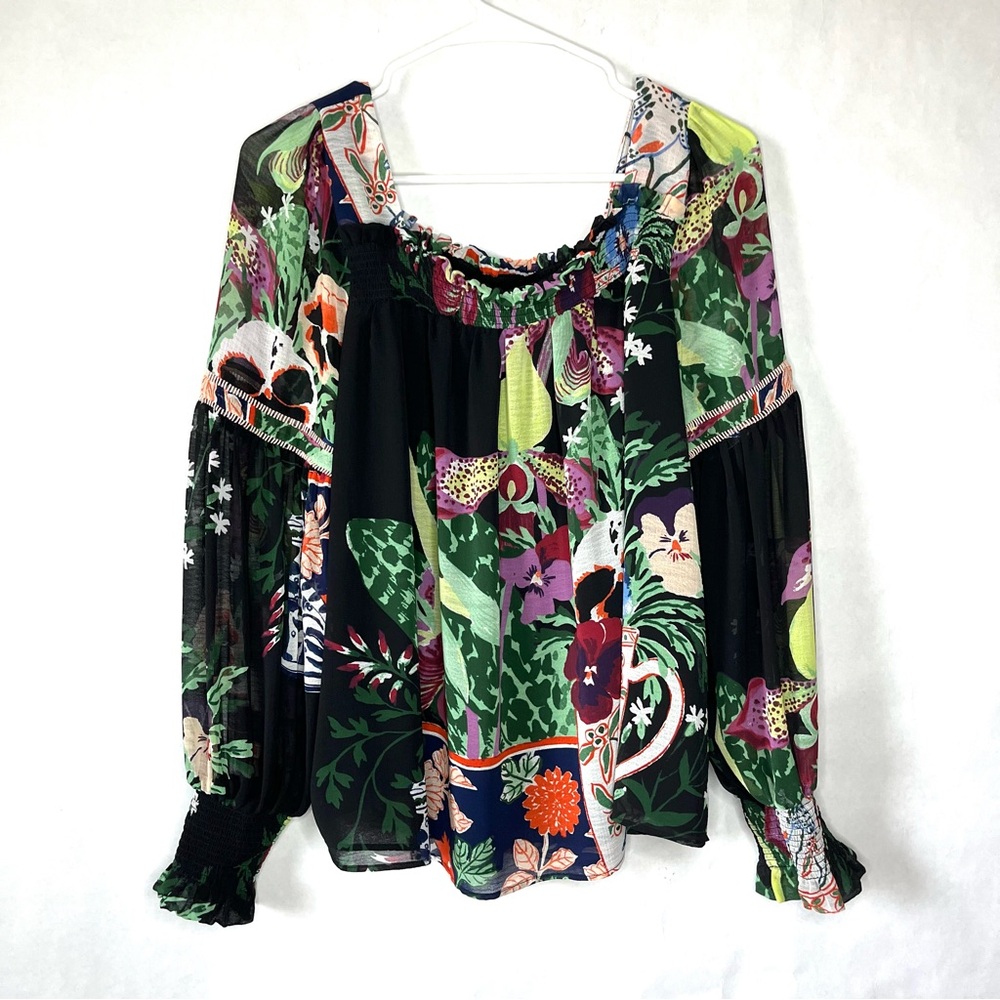 ANTHROPOLOGIE Womens Size M Lil Sire Puff Sleeve Blouse Smocked Dark Florals